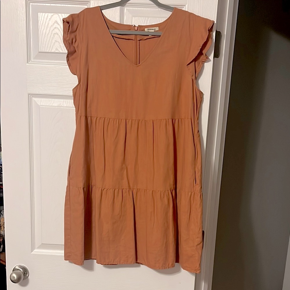 Goodthreads Shirred Tier Flutter Shoulder Linen Dress w/ Pockets